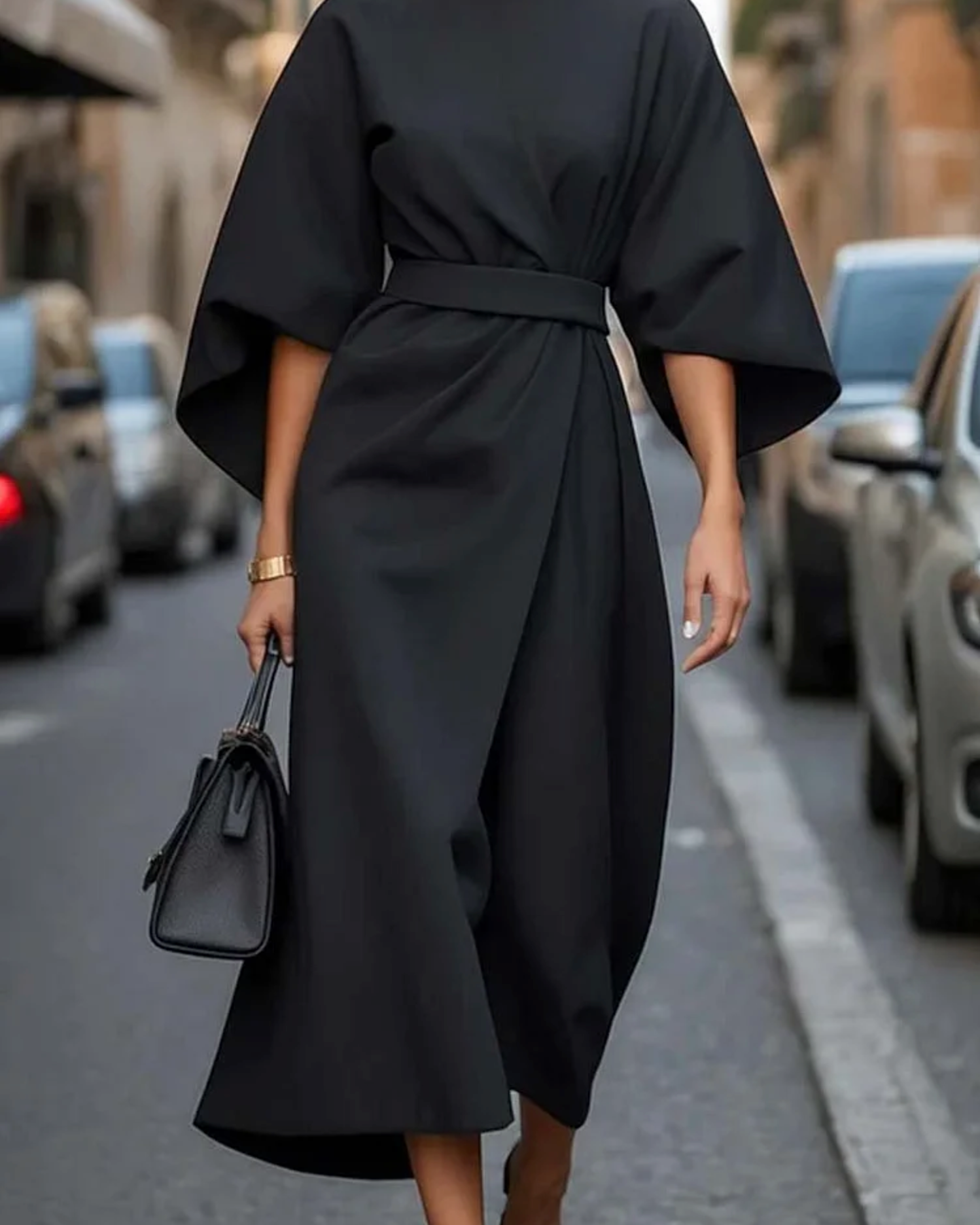 Matzliah Elegant Lantern Sleeve Dress - Black