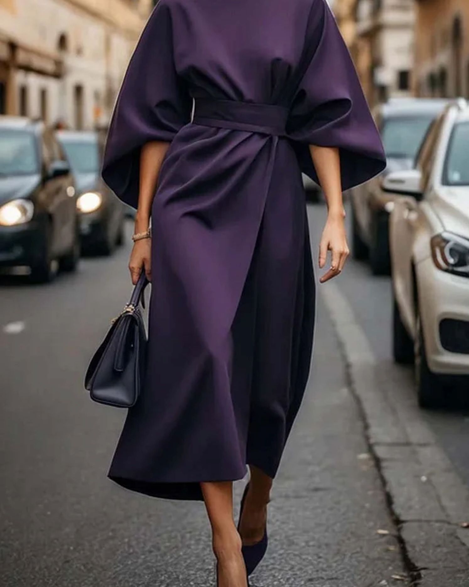 Matzliah Elegant Lantern Sleeve Dress - Purple