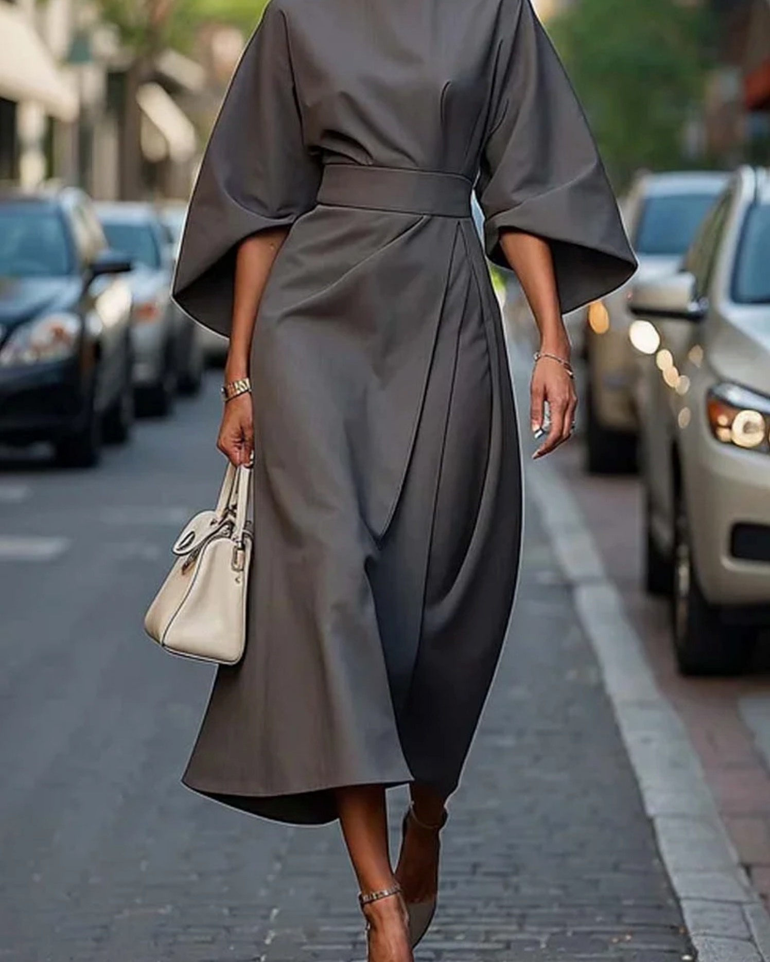 Matzliah Elegant Lantern Sleeve Dress - Grey