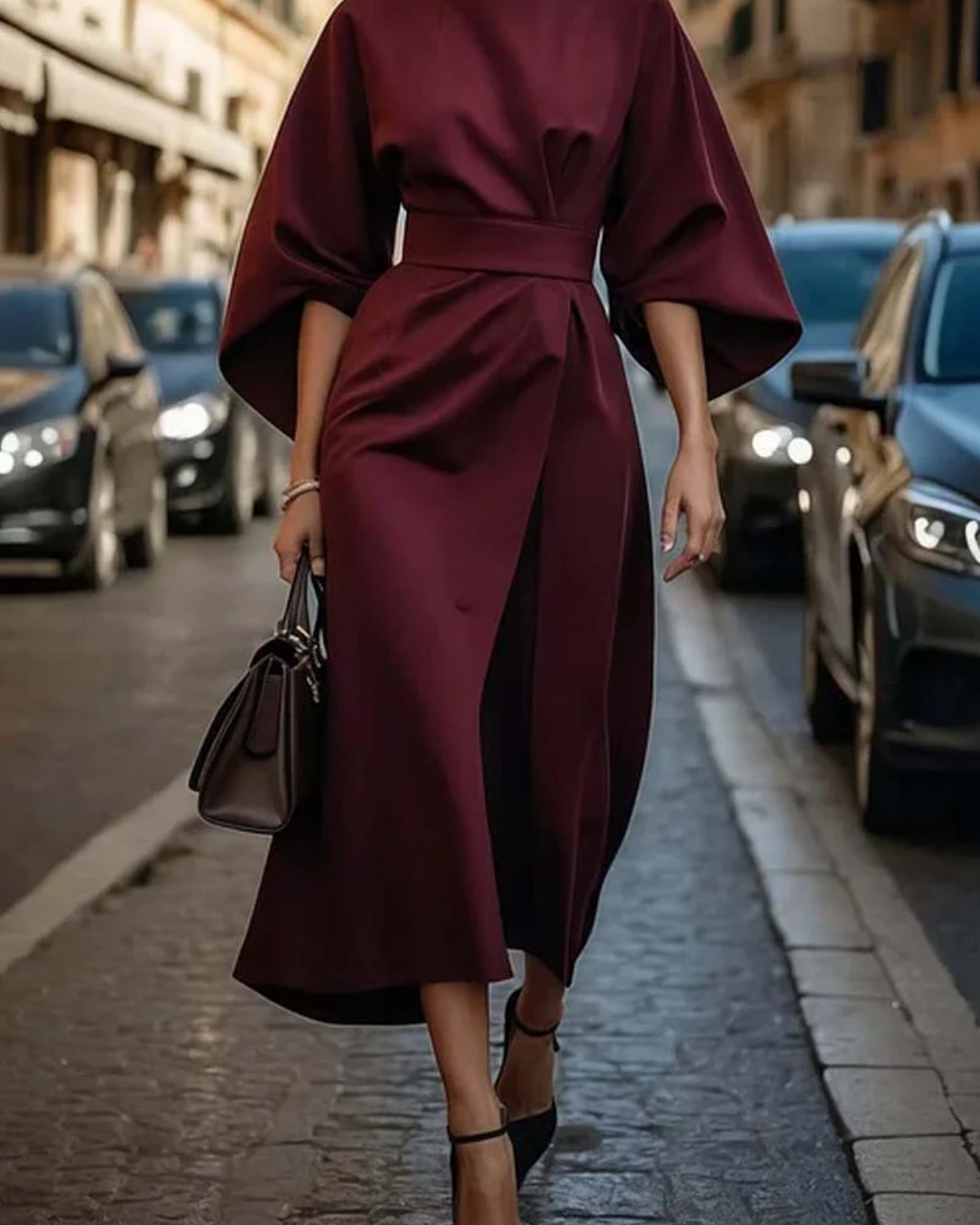 Matzliah Elegant Lantern Sleeve Dress - Bordeaux