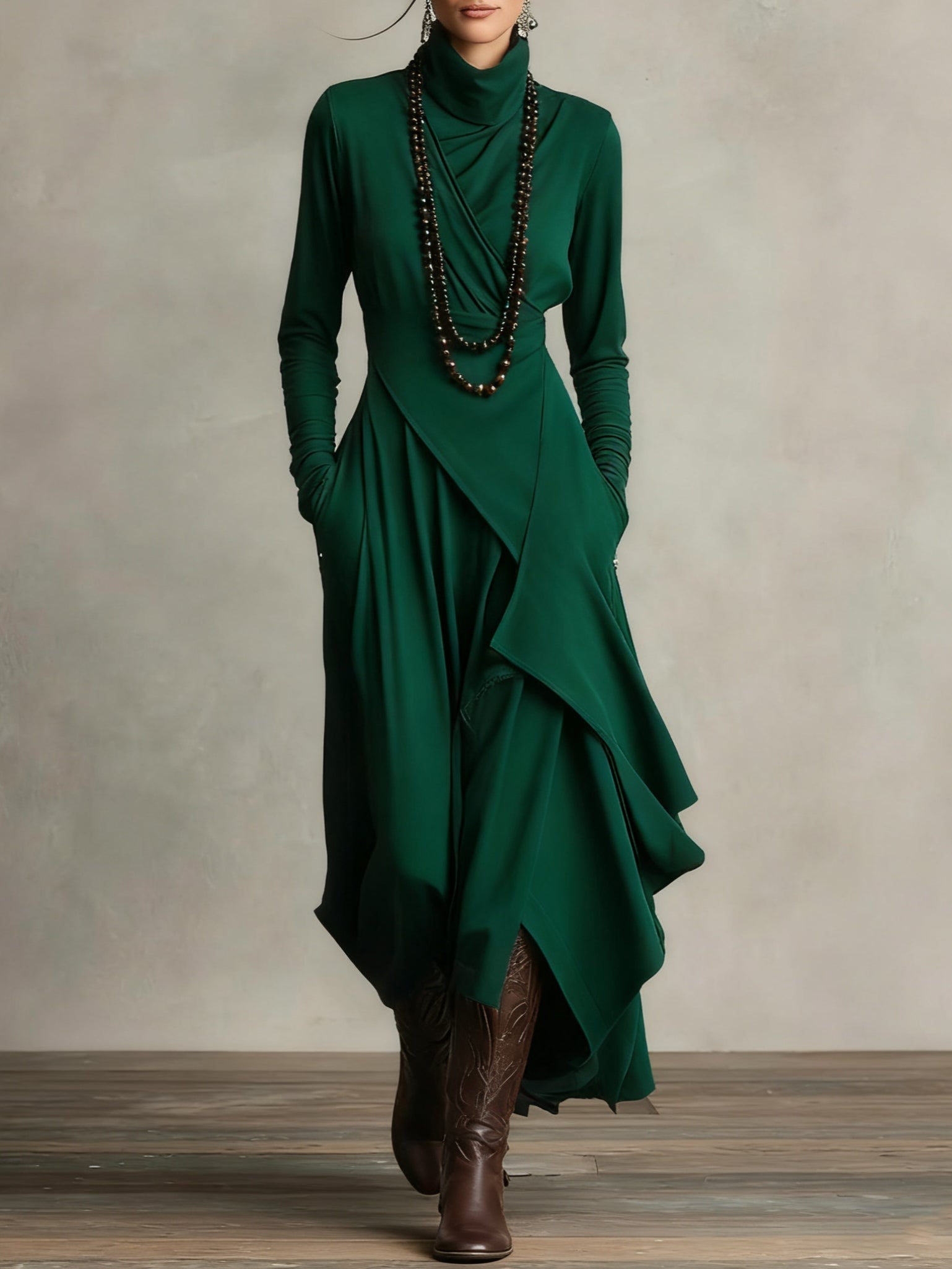 Arielle Vintage Asymmetrical Turtleneck Dress - Green