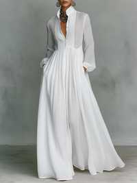 Maxi Minimalist Dress in Cotton & Linen with Patchwork, High Collar and Long Sleeves