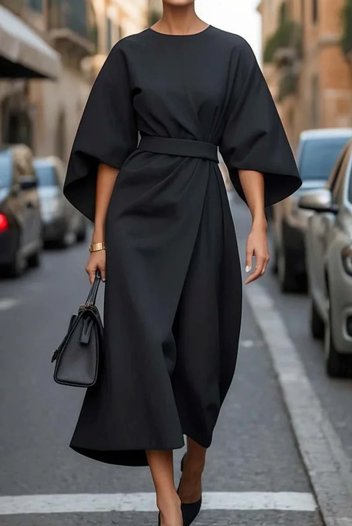 Matzliah Elegant Lantern Sleeve Dress - Black