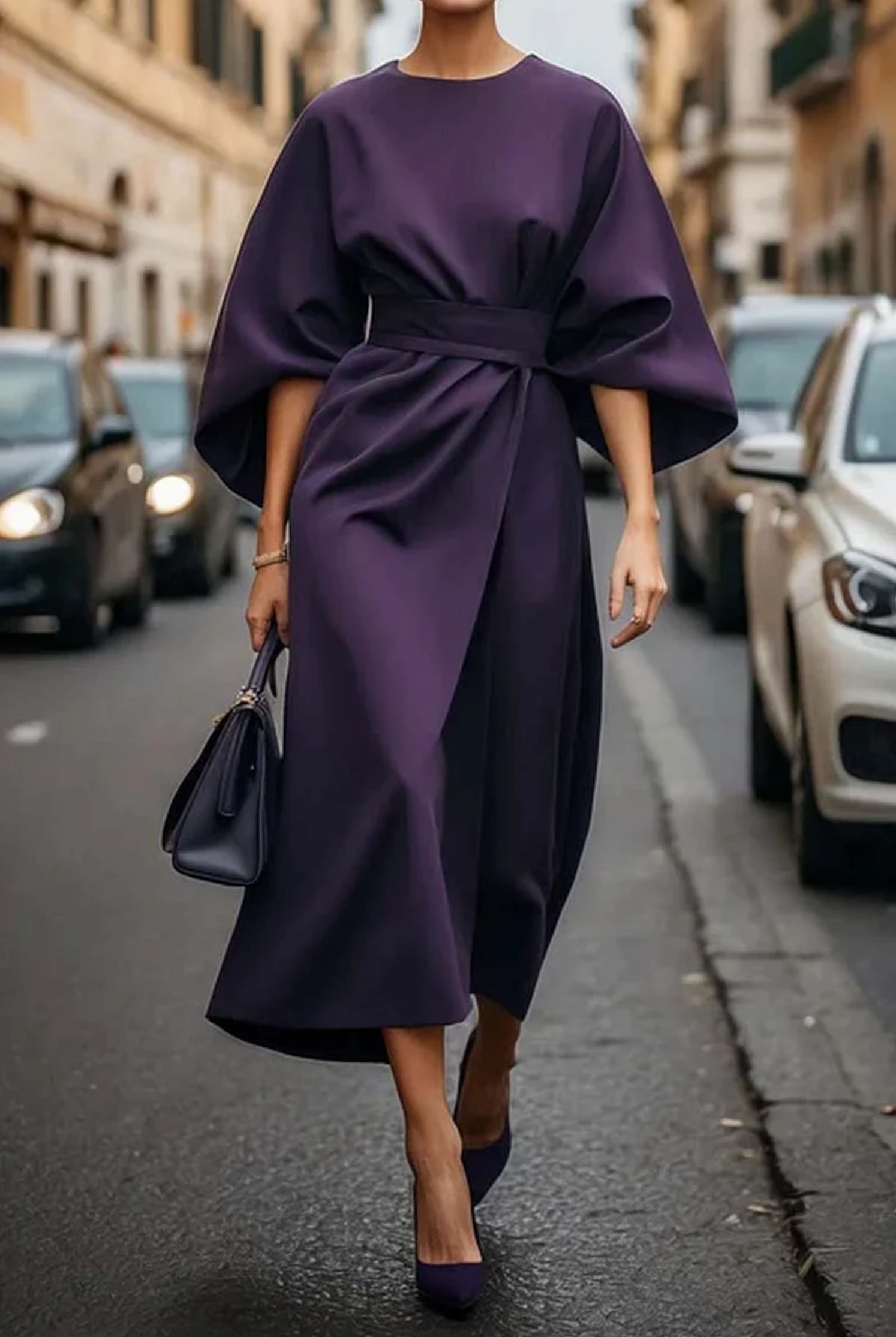 Matzliah Elegant Lantern Sleeve Dress - Purple