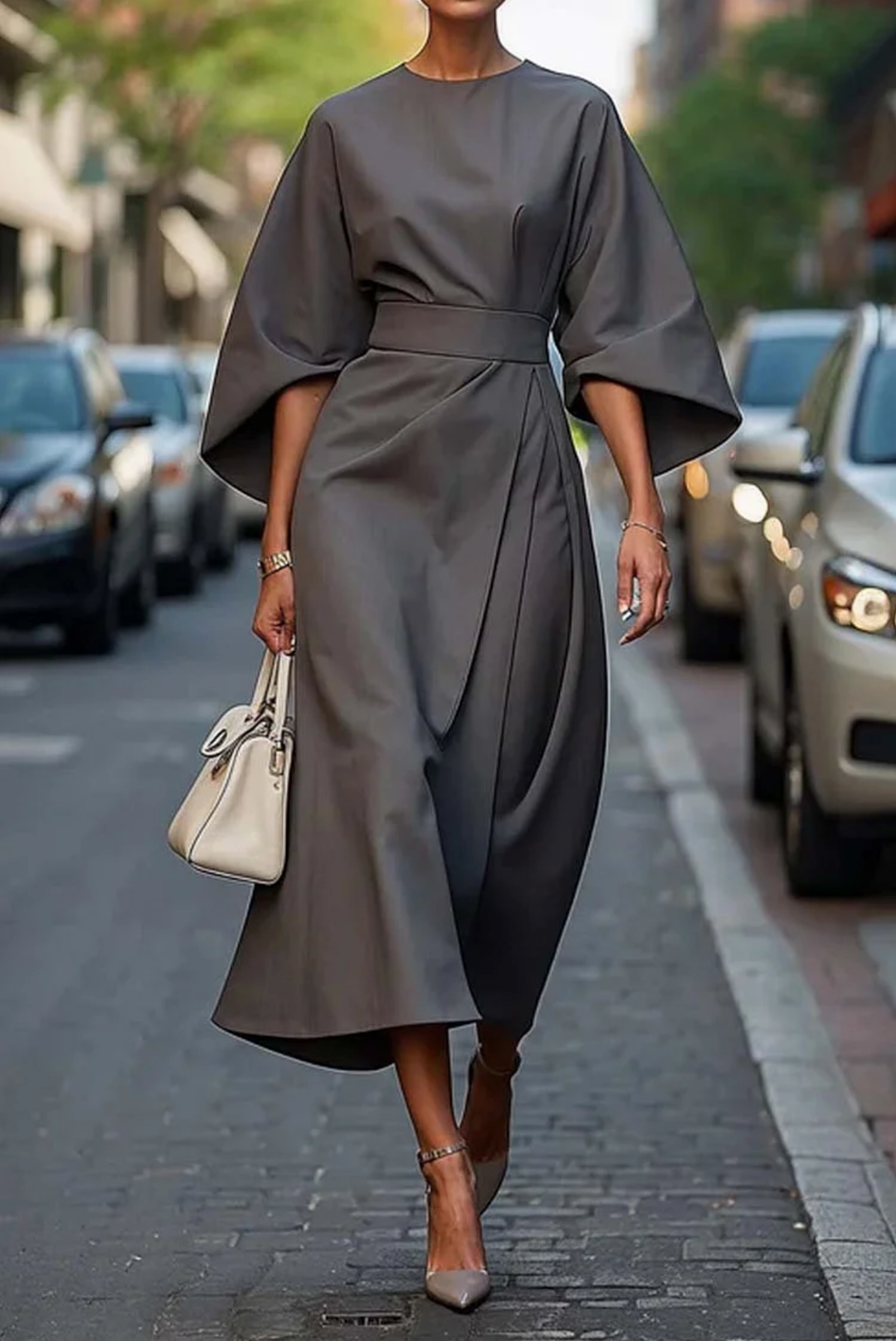 Matzliah Elegant Lantern Sleeve Dress - Grey