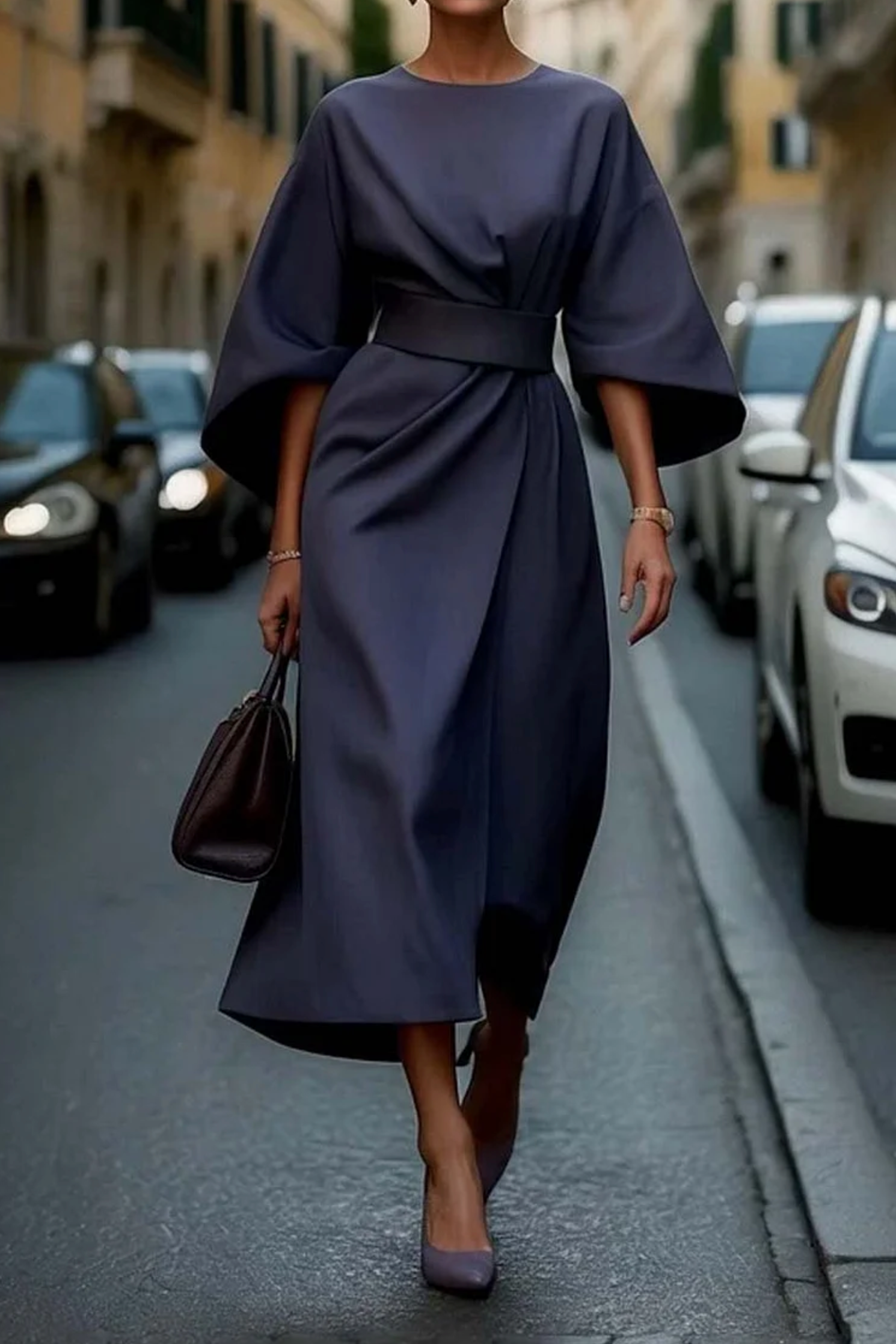 Matzliah Elegant Lantern Sleeve Dress - Blue
