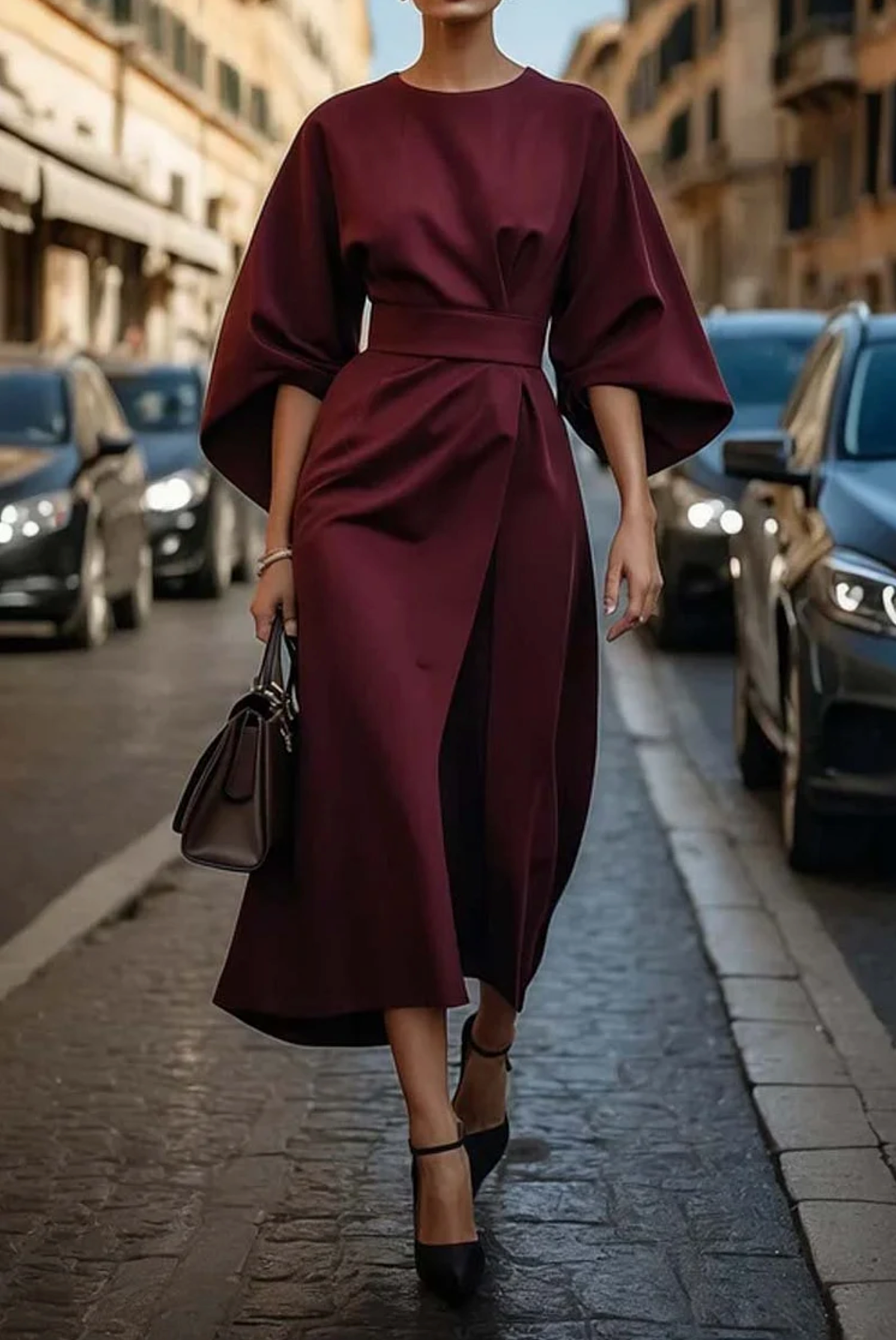 Matzliah Elegant Lantern Sleeve Dress - Bordeaux