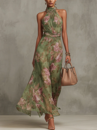 Serena ∙ Green Floral Chiffon Maxi Dress with Halter Neckline