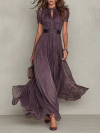 Flavia • Long Purple Dress with Keyhole Neckline & Chiffon Lace Trim