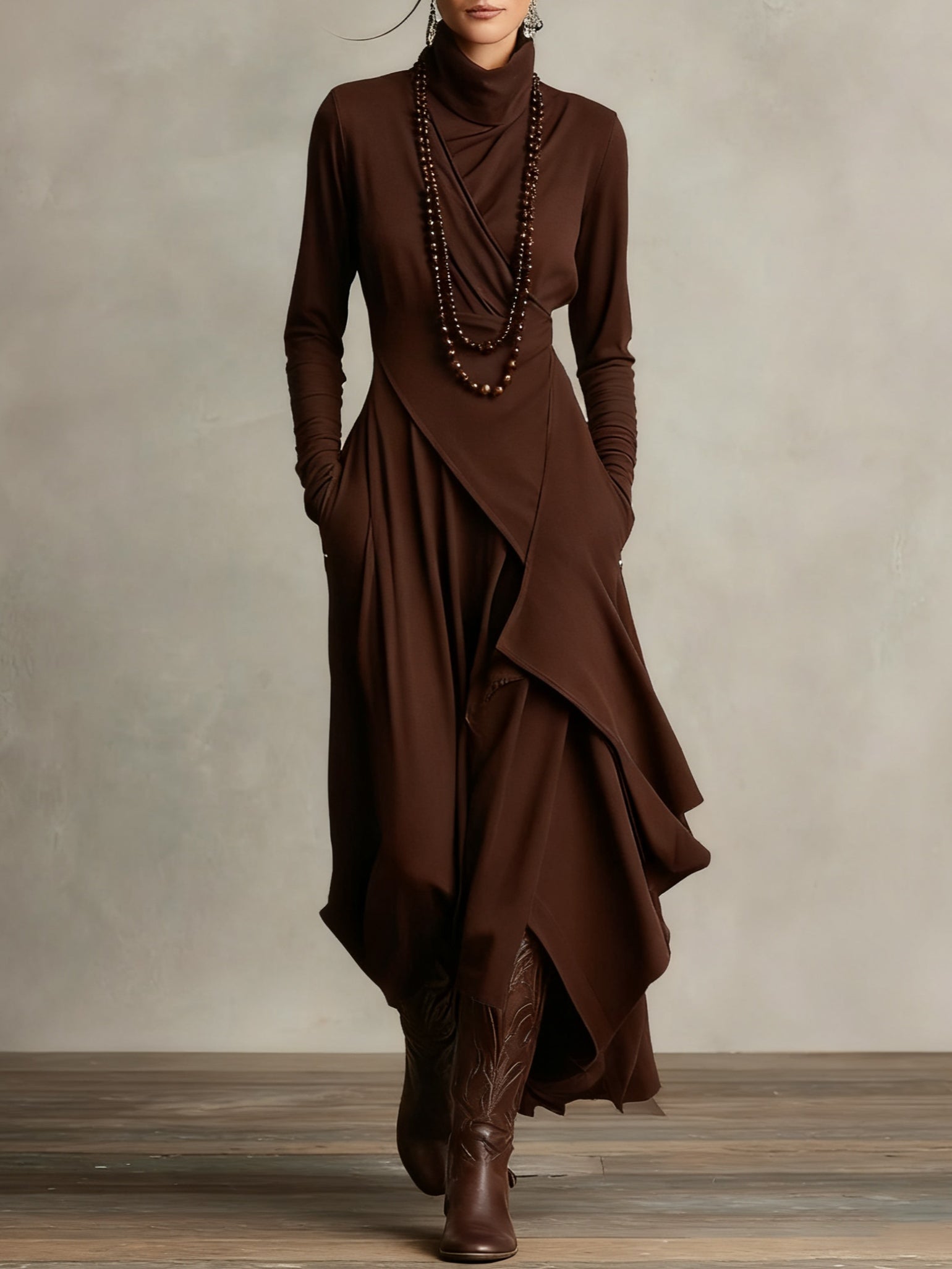 Arielle Vintage Asymmetrical Turtleneck Dress - Brown