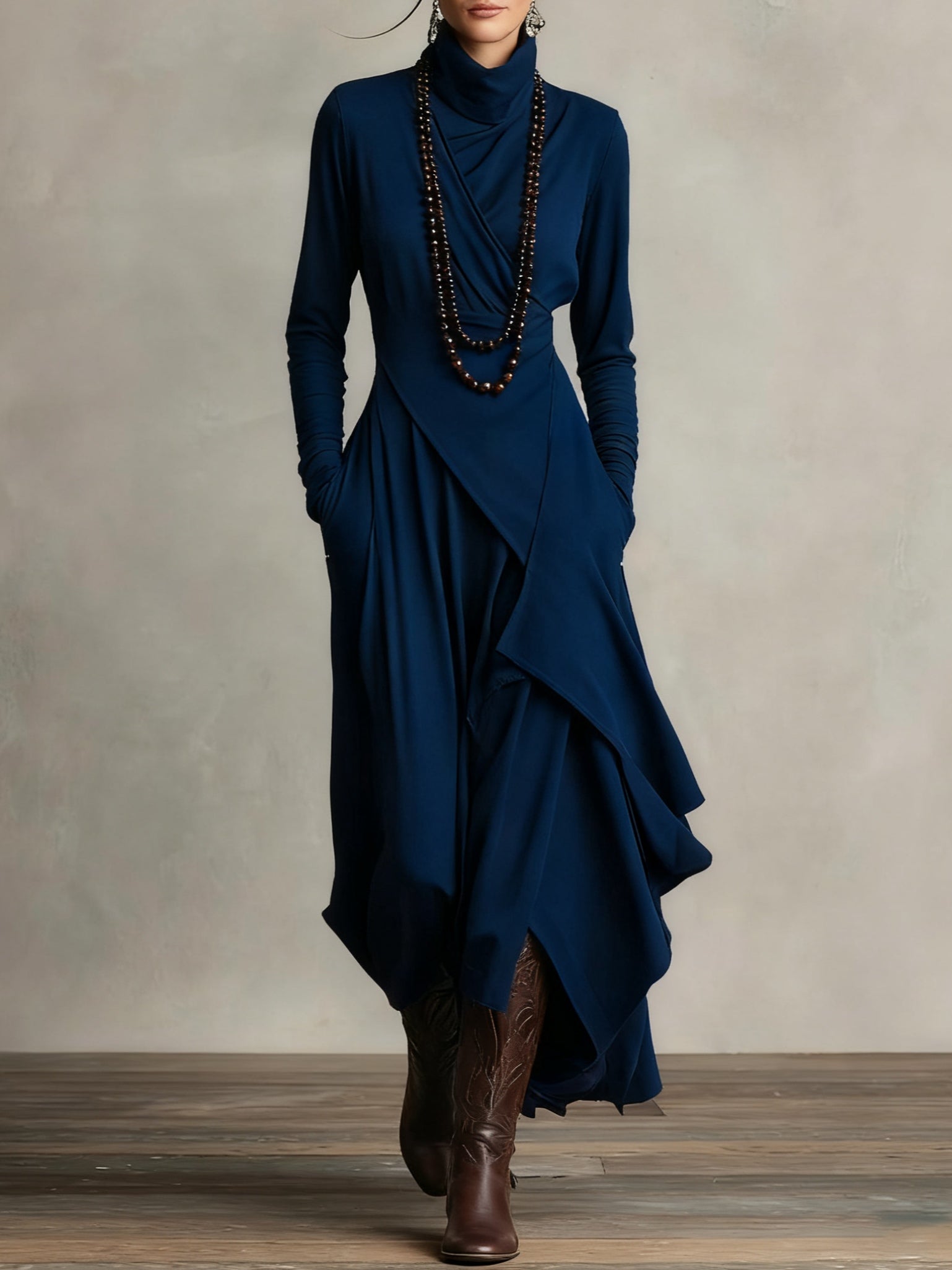 Arielle Vintage Asymmetrical Turtleneck Dress - Navy Blue