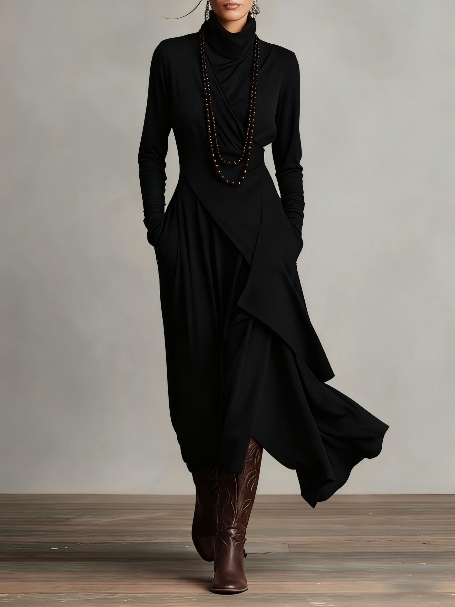 Arielle Vintage Asymmetrical Turtleneck Dress - Black