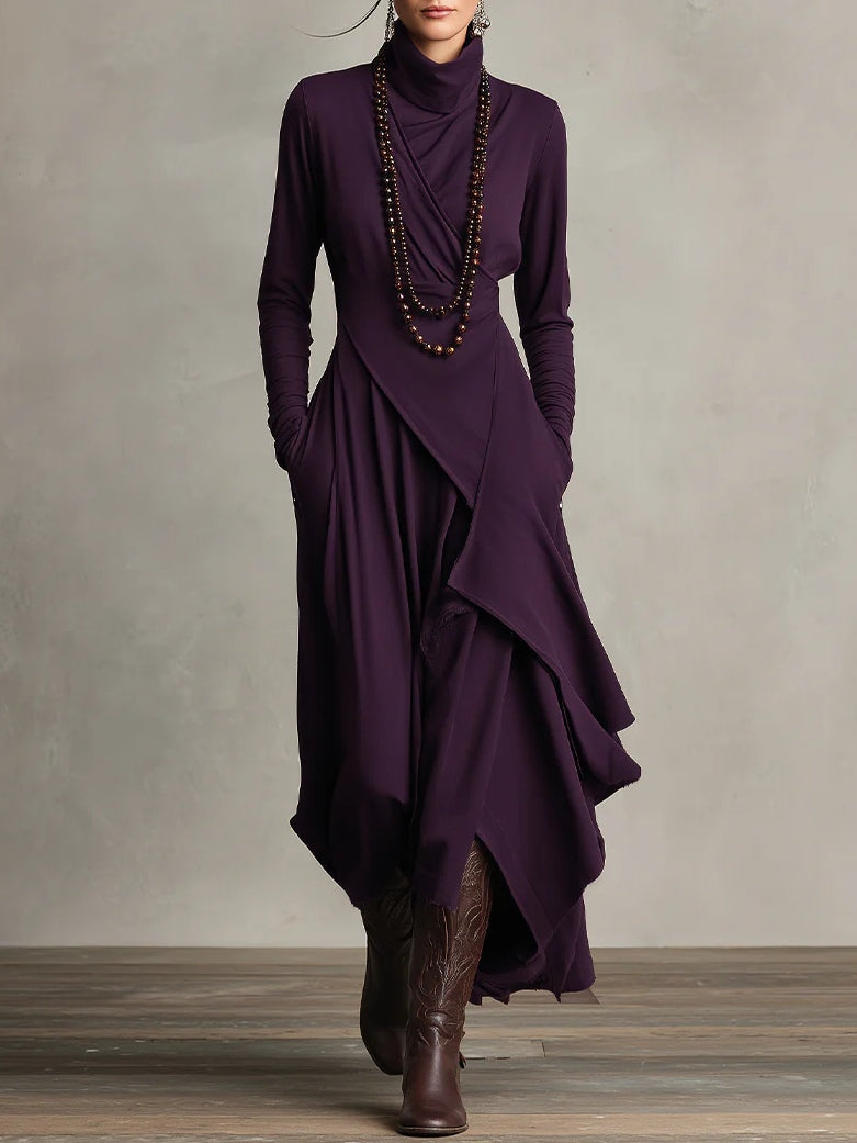 Arielle Vintage Asymmetrical Turtleneck Dress - Purple