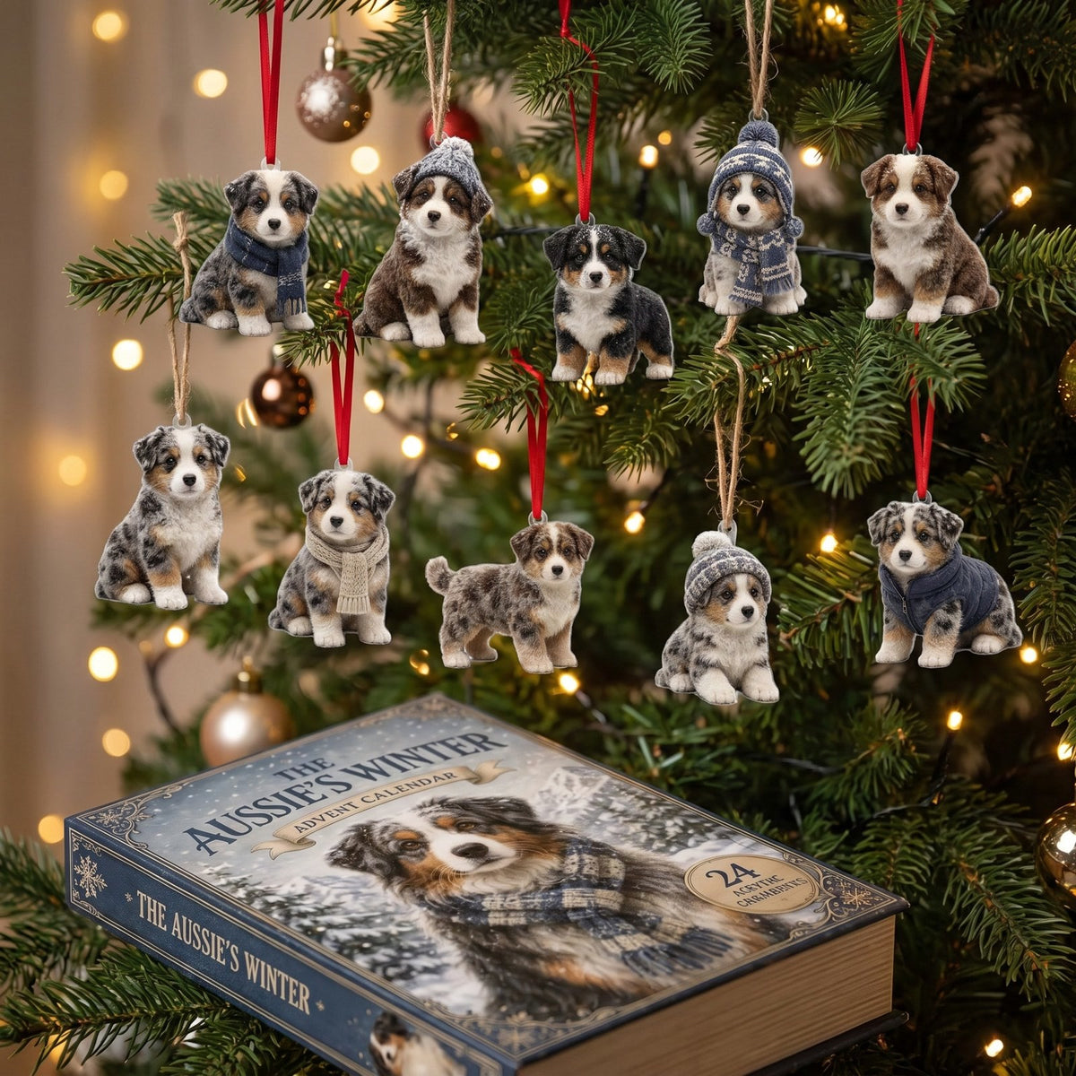 Australian Shepherd puppy ornaments hanging on a Christmas tree above the advent calendar box