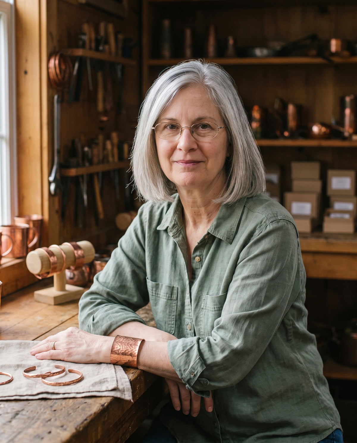 Margaret Wren with copper bracelets