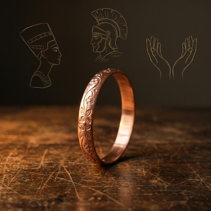 Copper cuff with line drawings of an Egyptian queen and a Roman soldier